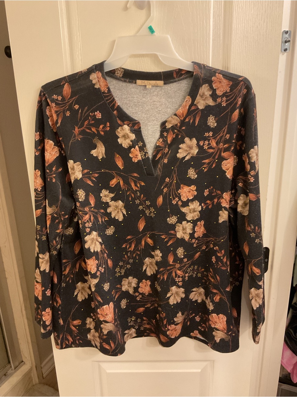 Women's Long Sleeve Floral Notch-Neck Top - Black with Peach Floral